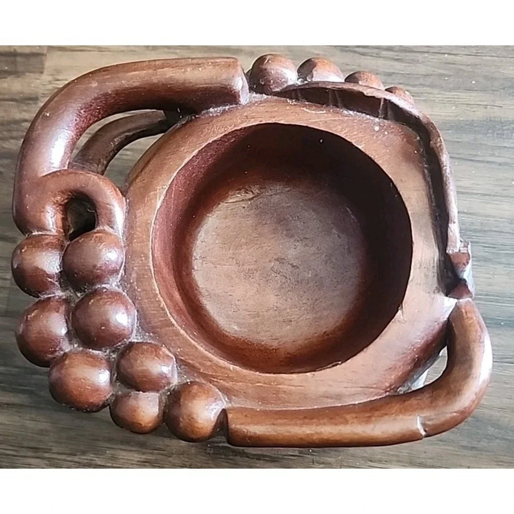Vintage Trinket Hand Carved Wooden  Bowl Fruit Grapes  Leaves Dark Wood